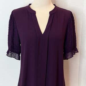 Flower and Feather Purple Womens Blouse with Sheer Decorative Puff Short Sleeves